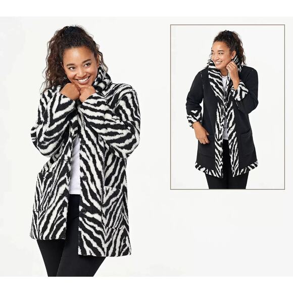 Susan Graver Weekend Reversible Sherpa Polar Fleece Coat Zebra Black Size Large - Picture 1 of 7